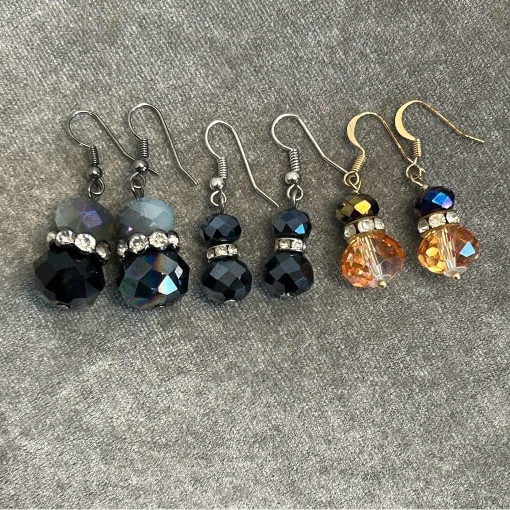 Black gray amber beaded rhinestone dangling earrings small bundle